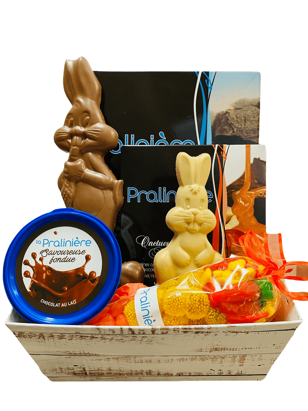 Panier-cadeau de chocolat de Pâques sur boutique en ligne de la Pralinière
