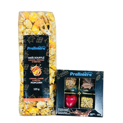 Sac cadeau gourmand avec chocolats fins et popcorn artisanal, emballé au Québec par La Pralinière
