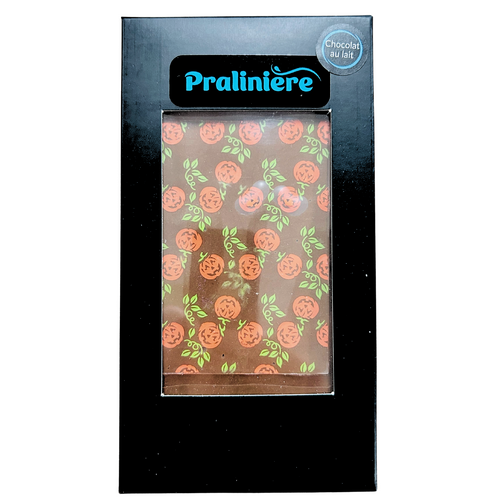 Barre de chocolat au lait artisanal aux couleurs d'Halloween de la chocolaterie québécoise Pralinière