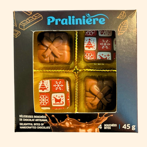 Boite de chocolat au lait de Noel à offrir e cadeau ou à ajouter à vos bas e Noel de la chocolaterie artisanale pralinière. 