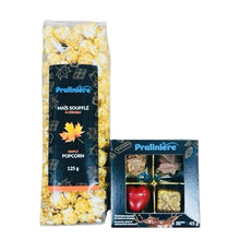 Charger l&#39;image dans la galerie, Cadeau gourmand avec chocolats fins et popcorn artisanal à l&#39;érable, emballé au Québec par La Pralinière