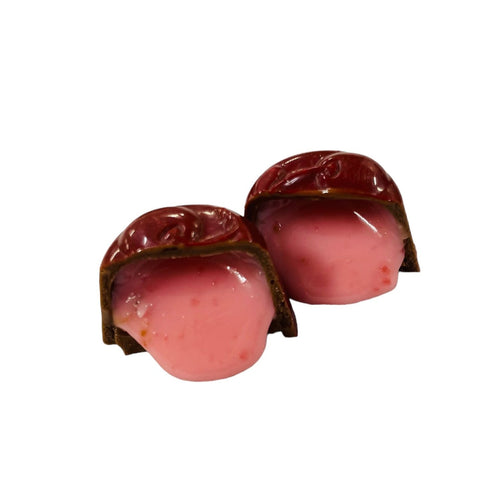 Bouchée de chocolat au lait avec garniture à la cerise pour ajouter dans une boite de chocolat personnalisée sur boutique en ligne