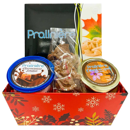 Panier cadeau de Noël à commander en ligne sur la boutique de la Pralinière Avec boite de chocolat, pot de caramel, fondues au chocolat et autres cadeaux gourmands