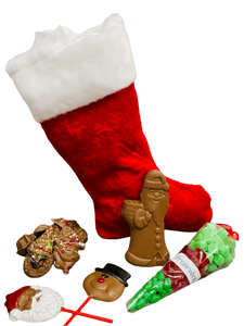 Bas de Noel rempli de chocolat, bonbons et friandises