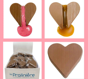 Coeurs en chocolat emballés individuellement a saveur de caramel, cerise et chocolat au lait