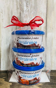 Paquet cadeau avec trois fondues au chocolat artisanal